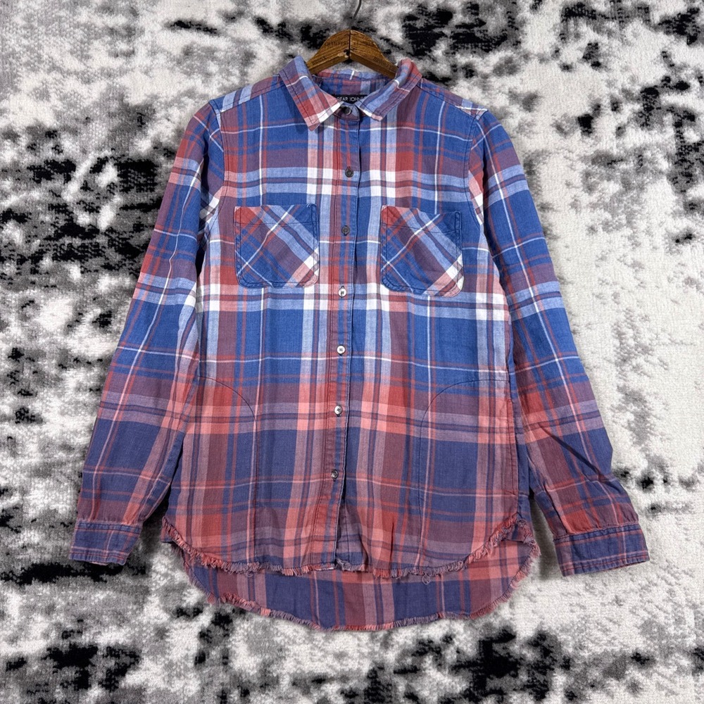 DEAR JOHN Plaid Flannel Shirt Womens XS Red Blue Distressed Raw Hem Long Sleeve